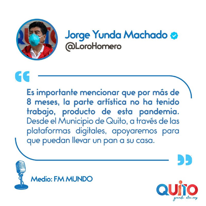 MunicipioQuito's tweet photo. Hoy, el alcalde Dr. Jorge Yunda @LoroHomero trató temas importantes para la ciudad de Quito en entrevista a @NotimundoEC: situación económica de la ciudad, acciones para cuidar la salud de los quiteños, eventos culturales por las fiestas de Fundación de Quito.
#QuitoGrandeOtraVez https://t.co/MkXkALeupn