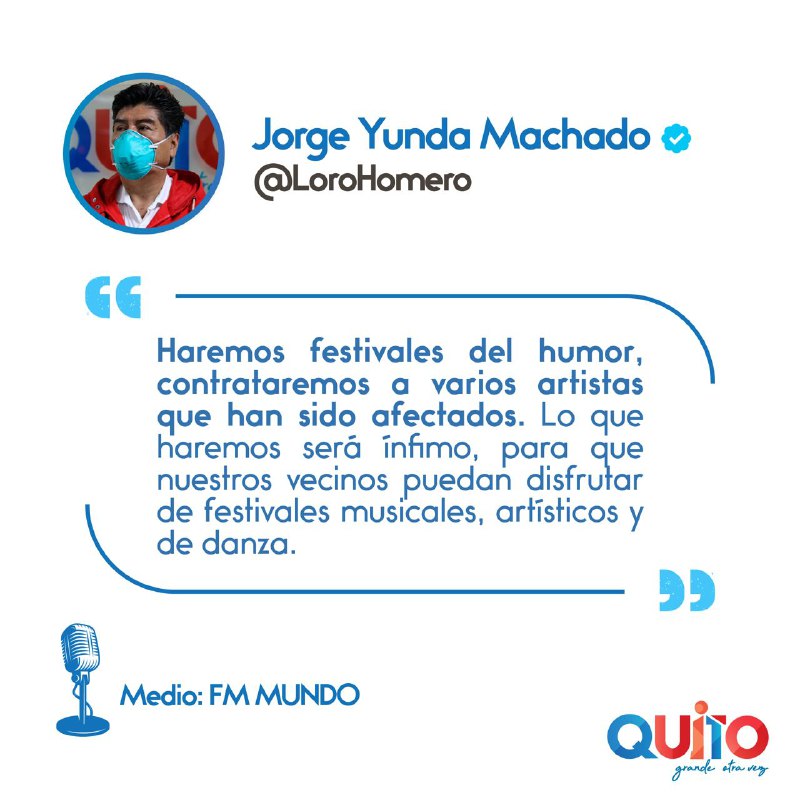 MunicipioQuito's tweet photo. Hoy, el alcalde Dr. Jorge Yunda @LoroHomero trató temas importantes para la ciudad de Quito en entrevista a @NotimundoEC: situación económica de la ciudad, acciones para cuidar la salud de los quiteños, eventos culturales por las fiestas de Fundación de Quito.
#QuitoGrandeOtraVez https://t.co/MkXkALeupn