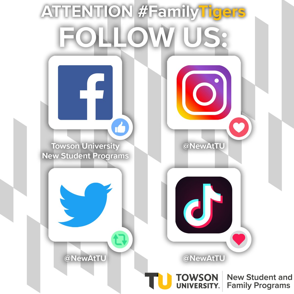 TUFamily's tweet photo. Hey #FamilyTigers! Looking for more content about your incoming or current student? Follow New Student and Family Programs on Facebook, Instagram, Twitter, and TikTok @NewatTU! https://t.co/0JMk9FQUNI
