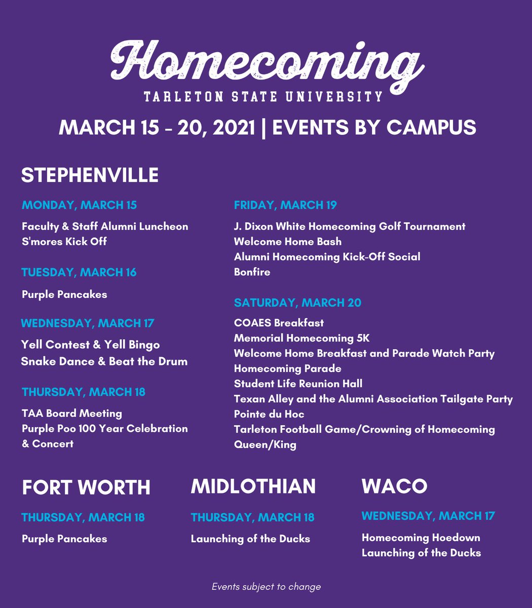TarletonState's tweet photo. It's time to get excited! Homecoming is set for March 15-20, 2021! #TarletonHomecoming https://t.co/6QH9N2GvS0