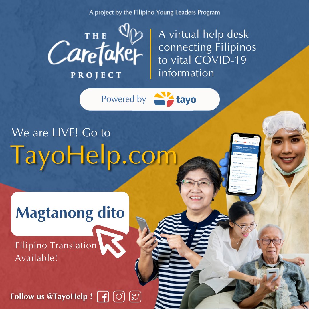tayohelp's tweet photo. #Thread: Mga kababayan!
https://t.co/xQAo77B7K6 is now available in Filipino! Visit our website TODAY to answer all your vital questions about COVID-19.
https://t.co/4w8nC02KJa
#Tayo #TayoHelp #CaretakerProject #FYLPRO #COVID19 #FilipinoAmerican #FilAm https://t.co/SQSzJgrpYa