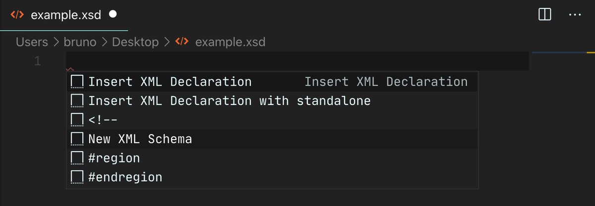 Step 2: create a file called "example.xsd" for your Schema. Save the file and in the editor, type Ctrl+Space and select "New XML Schema". A root element definition will be provided.