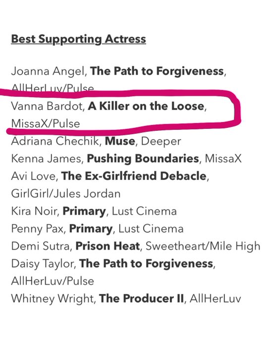 Thank you @AVNMediaNetwork @avnawards for nominating me for Best Supporting Actress, Best Girl/Girl,<a class="tags" href="/tag/avnmedianetwork">@avnmedianetwork</a><a class="tags" target="_blank" title="On Twitter" href="/?out=eyJ0eXAiOiJKV1QiLCJhbGciOiJIUzUxMiJ9.eyJpYXQiOjE3MjAxNzA3MDcsImlzcyI6InR3cG9ybnN0YXJzLmNvbSIsIm5iZiI6MTcyMDE3MDcwNywiZXhwIjoxNzUxNzA2NzA3LCJyZWRpcmVjdF91cmwiOiJodHRwczovL3R3aXR0ZXIuY29tL2F2bmF3YXJkcyJ9.8OsUh9ZWqKRiuHpuDDJAwIK3tvQernW5A6K2_a0Si5G9wl0-DnRaqlcAM1iScGfYkHd3W4XqH1tsldds2ctNtQ">@avnawards</a>