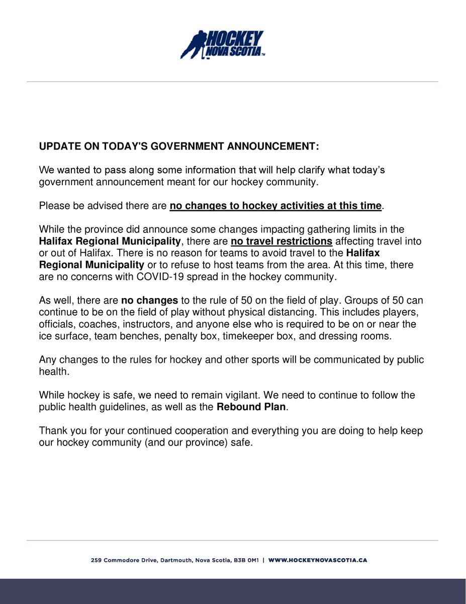 UPDATE ON TODAY'S GOVERNMENT ANNOUNCEMENT: 

We want to pass along some information that will help clarify what today’s government announcement meant for our hockey community.

Please be advised there are no changes to hockey activities at this time.

Read more below. ⬇️