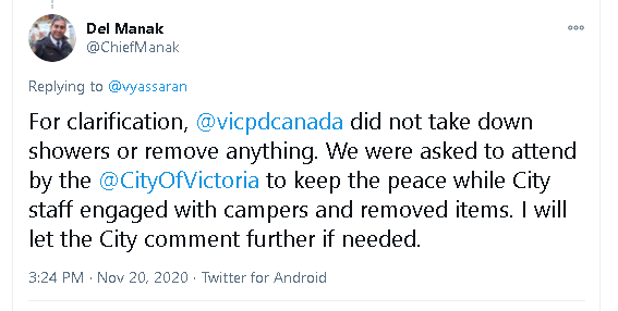 photowarrior's tweet photo. @police_canadian @self_govern4us @PovReductionBC @ClanPatrols @BeaconHillFolks @deardubow @SarahPottsH @JeremyLoveday @adequatehousing @brish_ti @CityOfVictoria @JanineAnnT @HomeForHope @CANURB @kymhothead @OutreachSolid Replying to @vyassaran, Chief #MismanageManak distanced himself from the despicable destruction
@ChiefManak stated his hordes of budget-burning VicPD on site (hands in pockets), were expending even less energy than sluggish well-compensated H.L. Demolition & Waste Management https://t.co/ZzPMVVDGFL