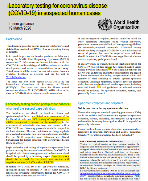 40/ Only three sources in WHO's current COVID testing guidance discuss PCR Cycle Thresholds—all are from China and use 37 to 40 CTs. https://apps.who.int/iris/bitstream/handle/10665/331501/WHO-COVID-19-laboratory-2020.5-eng.pdf?sequence=1&isAllowed=y37 to 40 is now excessive global standard producing 90% false positives per NYT—endless casedemic. https://www.nytimes.com/2020/08/29/health/coronavirus-testing.html