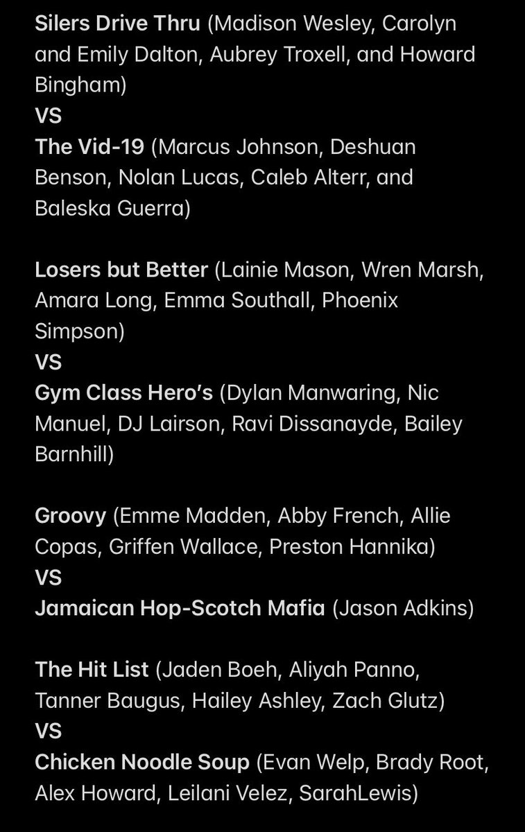 wchsnerf2021's tweet photo. ‼️Nerf War First Round matchups‼️ Starting Sunday at Midnight will go until Midnight the following Saturday #Wolvesby90 #KingBing https://t.co/7RM0UIe7rG