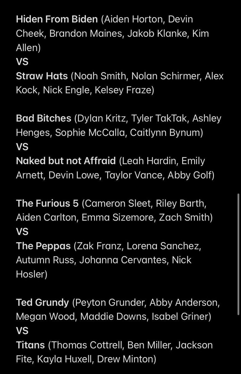 wchsnerf2021's tweet photo. ‼️Nerf War First Round matchups‼️ Starting Sunday at Midnight will go until Midnight the following Saturday #Wolvesby90 #KingBing https://t.co/7RM0UIe7rG
