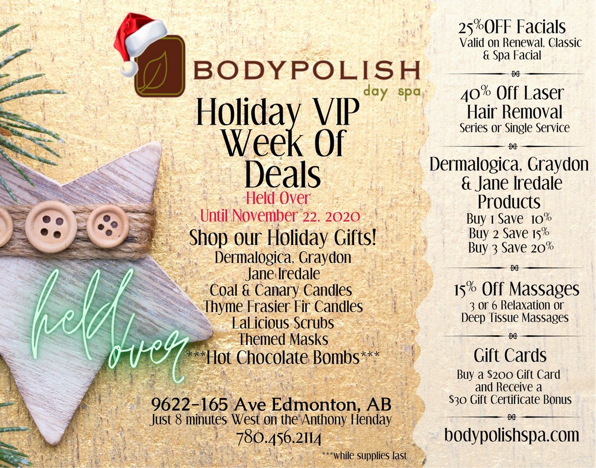 BodyPolishSpa's tweet photo. HELD OVER!  We are extending our VIP Week of Deals over until Sunday! Take advantage of great prices on Facials, Massage, Laser Hair Removal, Gift Cards and Dermalogica, Graydon or Jane Iredale products.
Visit us 9622-165 Ave or online https://t.co/6SrdALgbaG https://t.co/gE6w3Fs4Pf