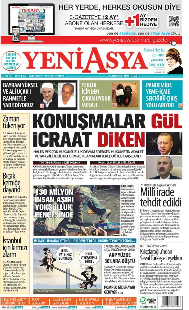 gulecyuzk's tweet photo. 21 Kasım 2020 tarihli Yeni Asya'nın 1. sayfası. https://t.co/eiH2KoAebm