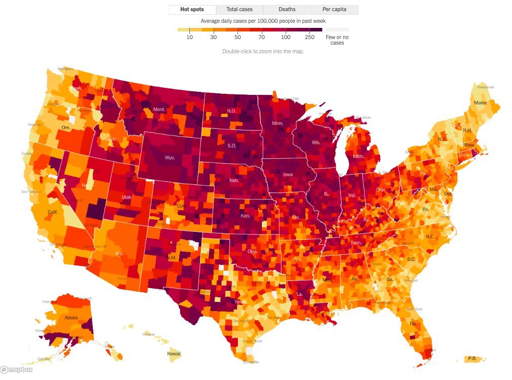 This map from  http://nytimes.com&nbsp; shows where COVID-19 is spreading most rapidly in the past week.  https://www.nytimes.com/interactive/2020/us/coronavirus-us-cases.html