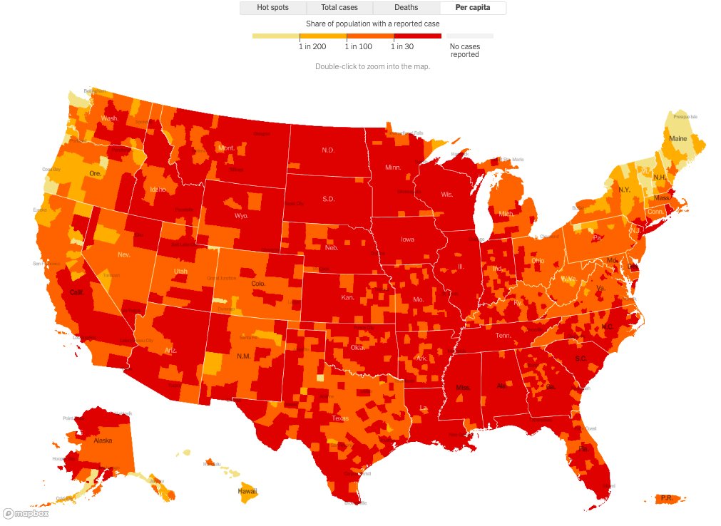 And this map shows the average number of people who have gotten COVID-19, cumulatively, so far.  https://www.nytimes.com/interactive/2020/us/coronavirus-us-cases.html