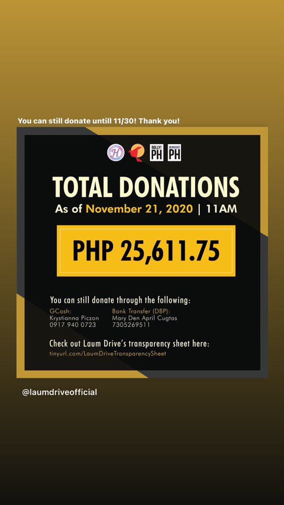 LaumDrive's tweet photo. #LaumDriveCatbalogan update!

Maupay nga adlaw, sangkay! As of 11:00 AM November 21, 2020, we have reached a total of  25,611.75 in cash donations. You can still donate until 11/30. https://t.co/32YbRAp0u6
