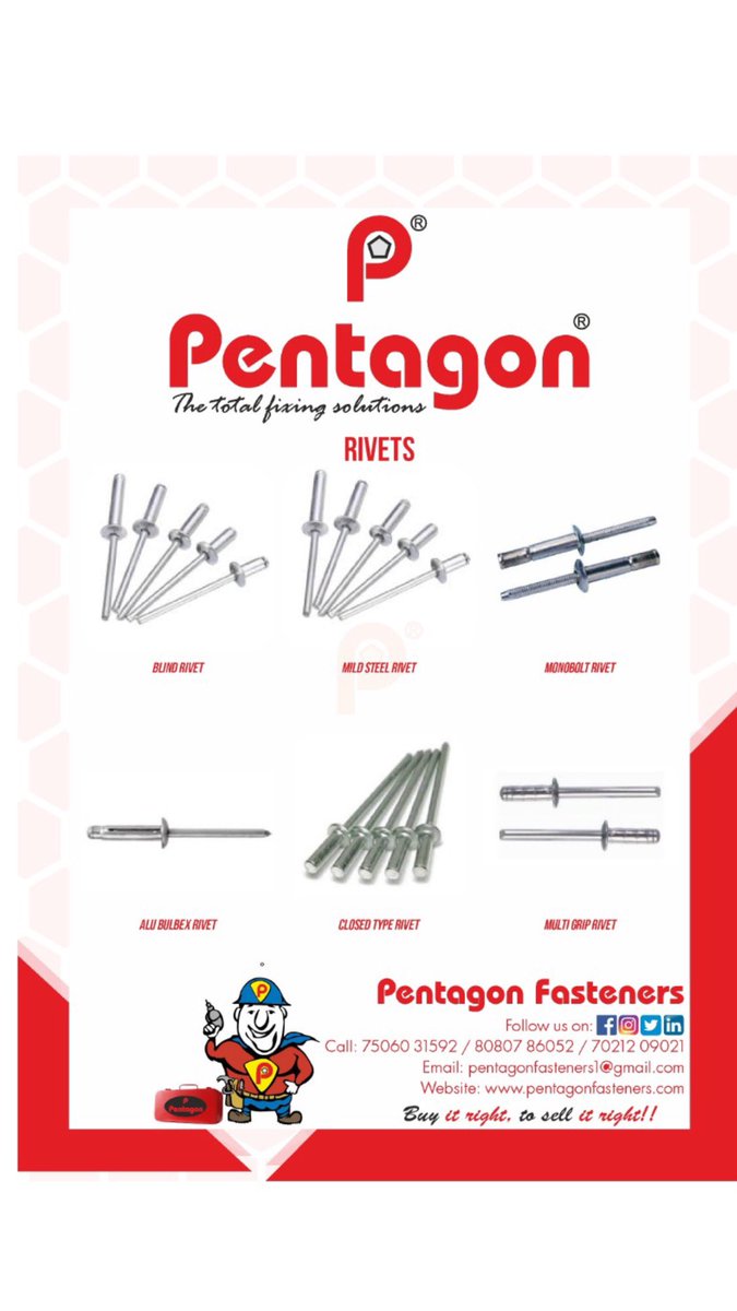 PENTAGONSCREW's tweet photo. PENTAGON FASTENERS- we import superior quality FASTENERS, SCREWS, RIVETS , NUTS, INSERT NUTS, ALLEN CAP SCREWS, ALLEN CSK SCREWS, HEX BOLTS.

For orders/inquiries kindly contact:-
+91 7506031592, 8080786052, 7021209021 https://t.co/tWZgrPqJKe