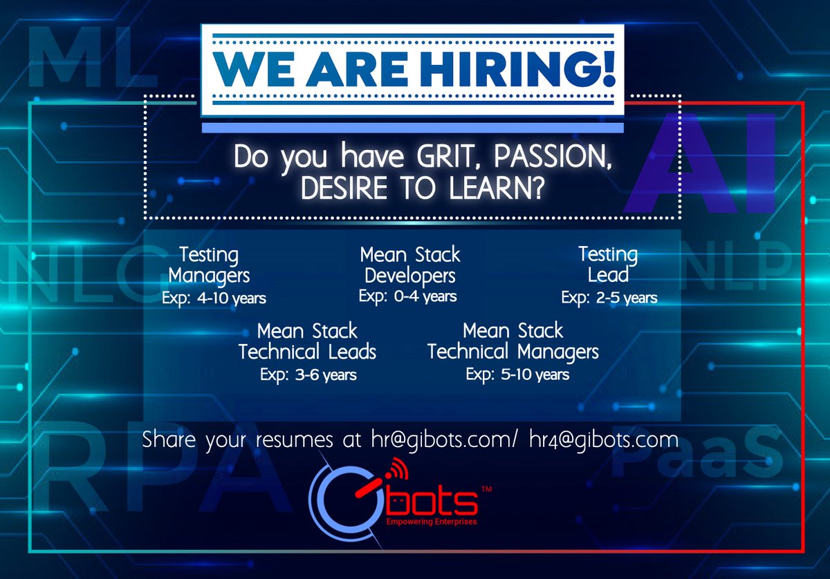 AIQoD_'s tweet photo. We are hiring for the following positions.Drop in your CV at hr@gibots.com or hr4@gibots.com

#Gibots #Career #Hiring #AI #ML #MeanStackDeveloper #TestingLead #testingmanager #MeanStackTechnicalLead #MeanStackTechnicalManager #nodejs #MongoDB
#hiringnow #recruitment https://t.co/efGT37gjeU