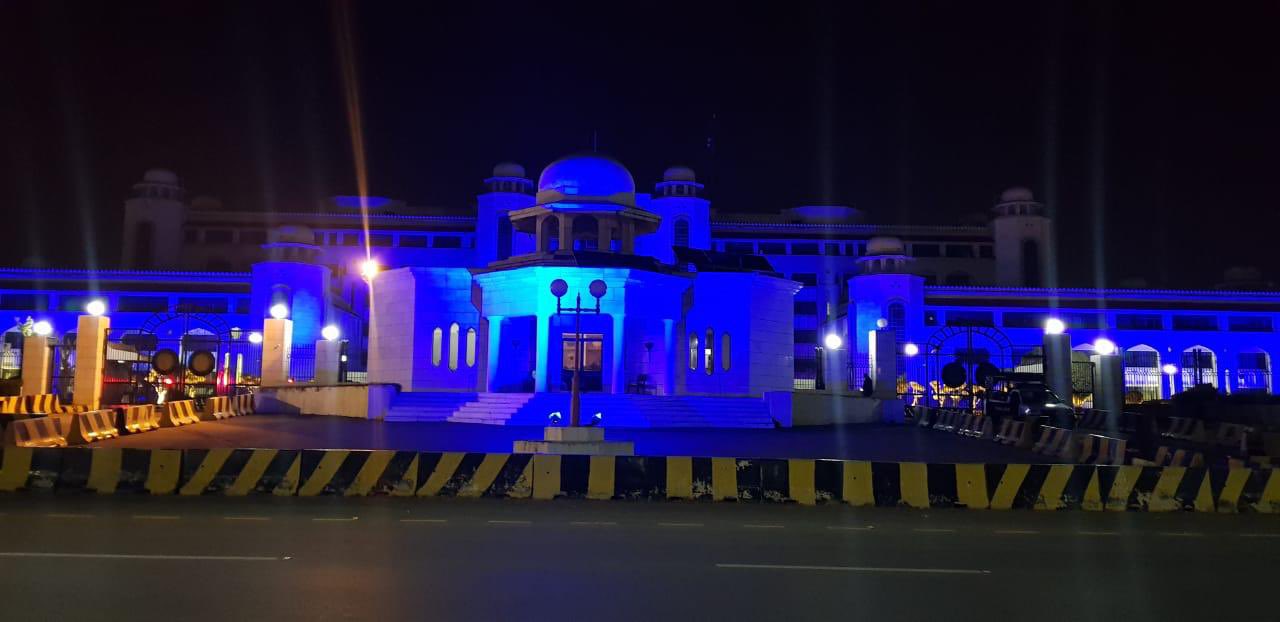 The Prime Minister Office in Islamabad goes blue