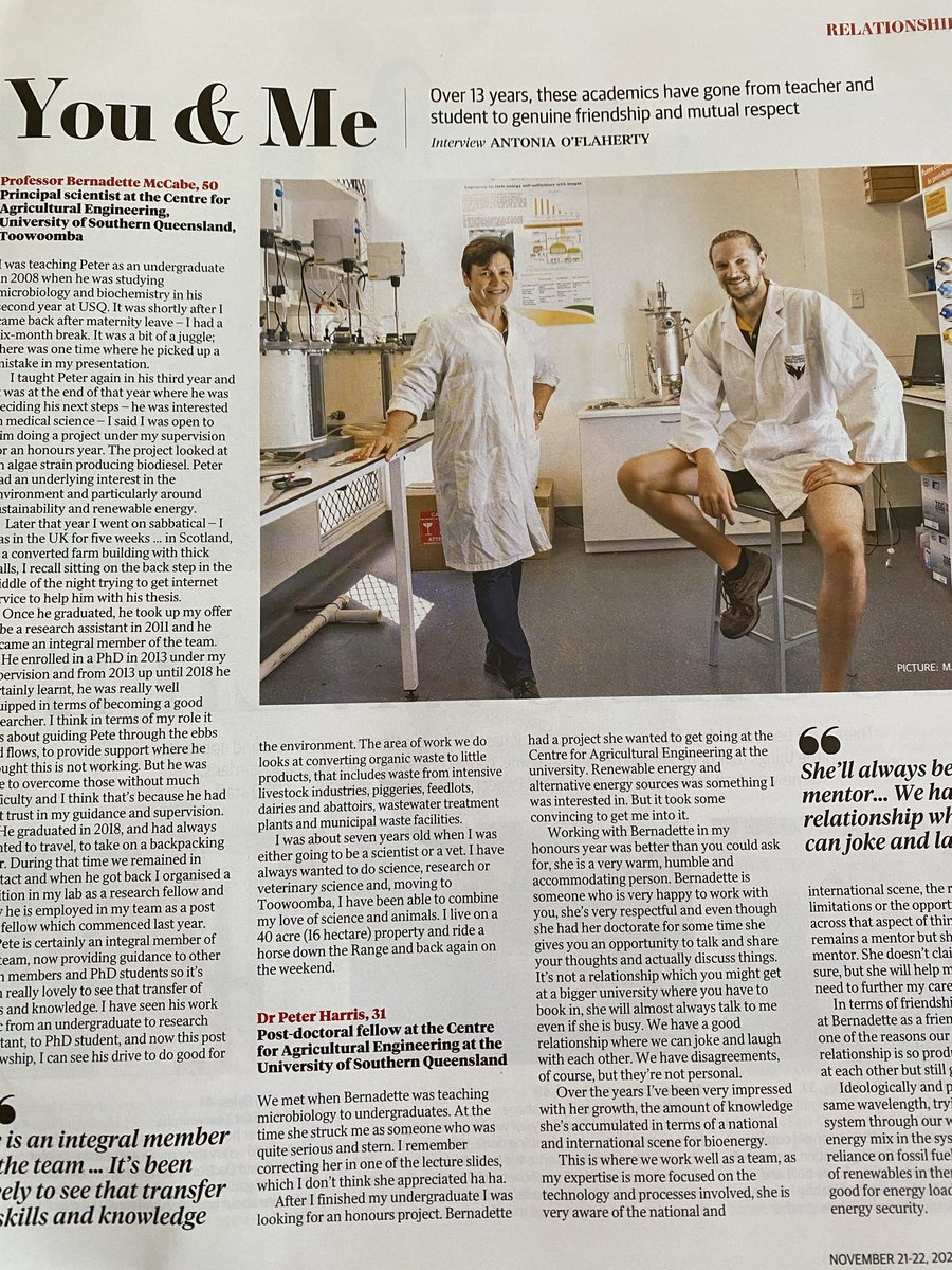 UniSQVC's tweet photo. Love the You & Me story in today’s @couriermail #QWeekend with #USQ Prof Bernadette McCabe and her PhD graduate Dr Peter Harris - mentor, friend and colleague - exactly what the PhD and post-doc journey should be like - well done! #usqproud @usqedu https://t.co/ocDYJas5jo