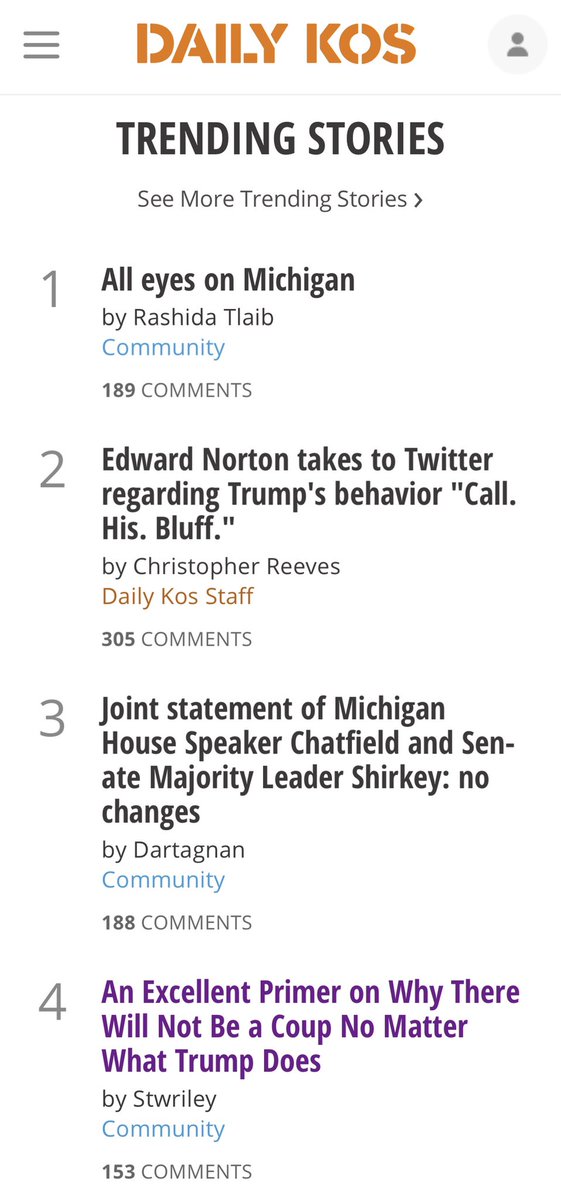 Apparently we're trending on  @dailykos??  https://m.dailykos.com/stories/2020/11/20/1997215/-An-Excellent-Primer-on-Why-There-Will-Not-Be-a-Coup-No-Matter-What-Trump-Does