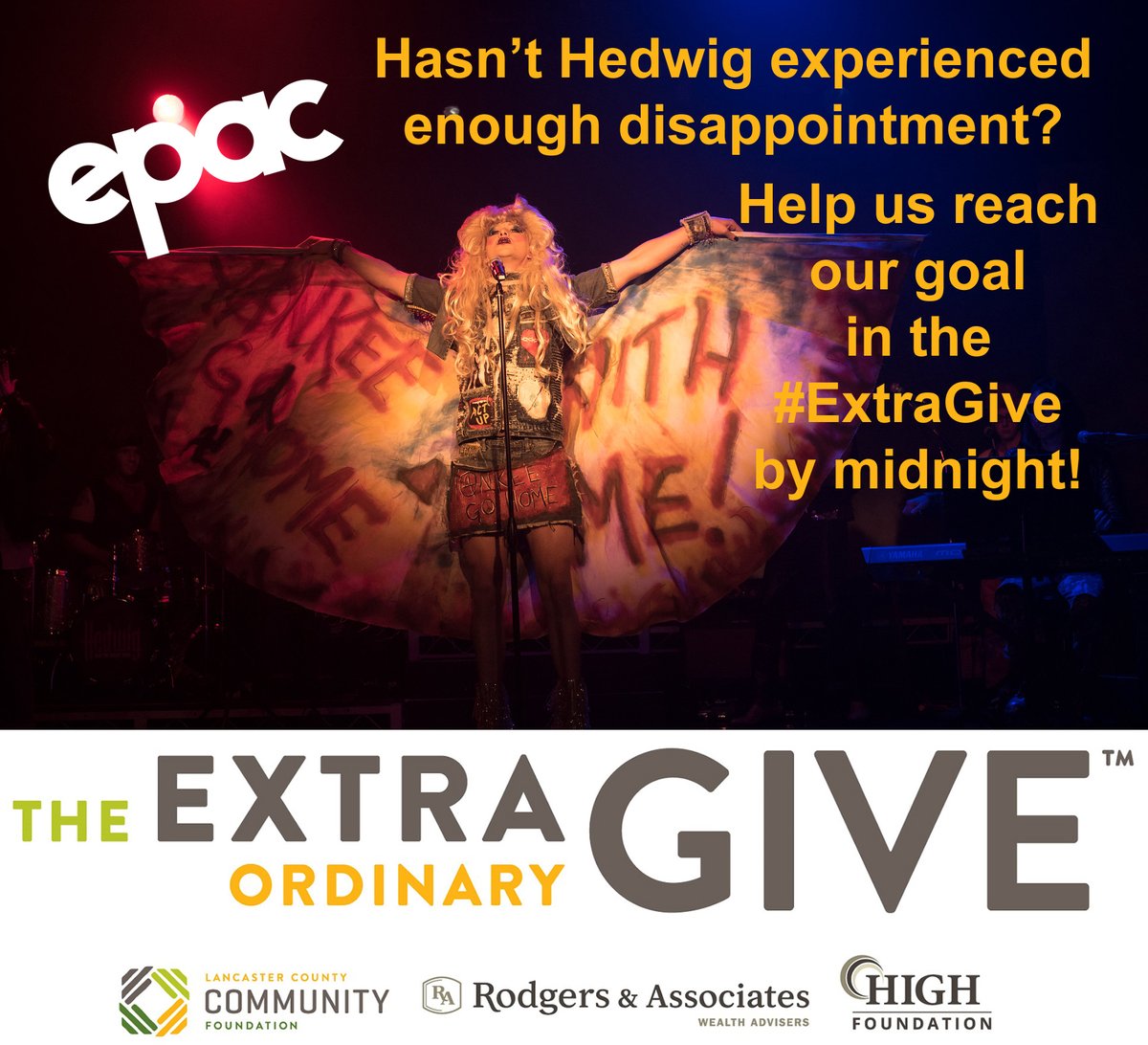 EPAC_theater's tweet photo. 30 mins left in the #ExtraGive, and we're so very close to our goal. Please support EPAC, a theater with the artistic bravery to bring you "Hedwig," along with "King Lear," "Angels in America," "Picnic," "Wizard of Oz," and Kids4Kids shows: https://t.co/GsBQx4P9YH
#IGiveExtra https://t.co/zoomD21QFM