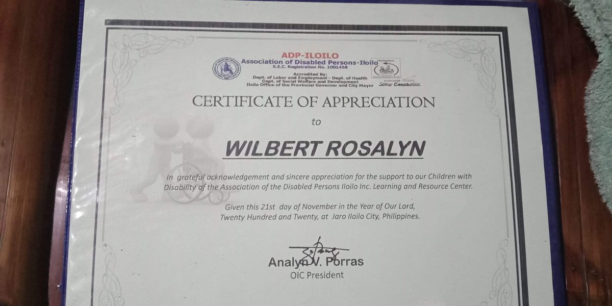 LabLabHK2's tweet photo. This certification of Appreciation is awarded to: @hashtag_wilbert
@WILBIESOFC @Badzkie24 WiLovers
This certificate is the acknowledgement and sincere appreciation for the support of the Children with Disability of the Association of Disabled Persons Iloilo. Thank u Guys🙏❤🤗 https://t.co/YAnPibZfx3