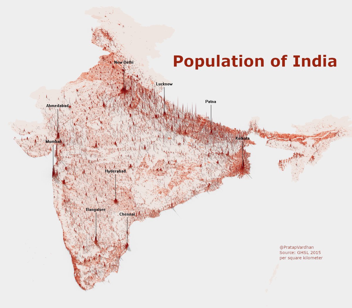 Population density of India: Pretty conspicuous that northern India across the fertile plains of river Ganges is much more densely packed than the rest of India. #30DayMapChallenge Day 20: PopulationMade with  #rstats  #rayshader Data from GHSL 2015 estimate.  #rspatial  #QGIS