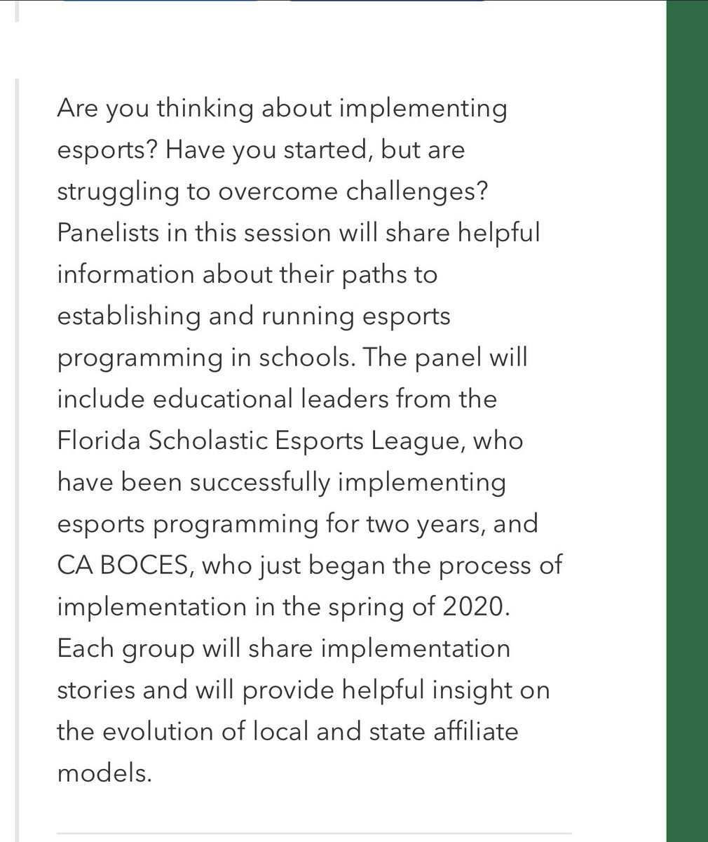 laurieb1723's tweet photo. Join @Jane_Whit1964 , @ljblank , @laylah, @geraldrsolomon and myself discussing 💻🎮 esports at the @NYSCATE conference on 11/24. @NASEFeduFlorida @NASEFedu #EsportsEvolution #SLPSMagnet #FLSEL #NASEF https://t.co/8Tgjeh4vrh