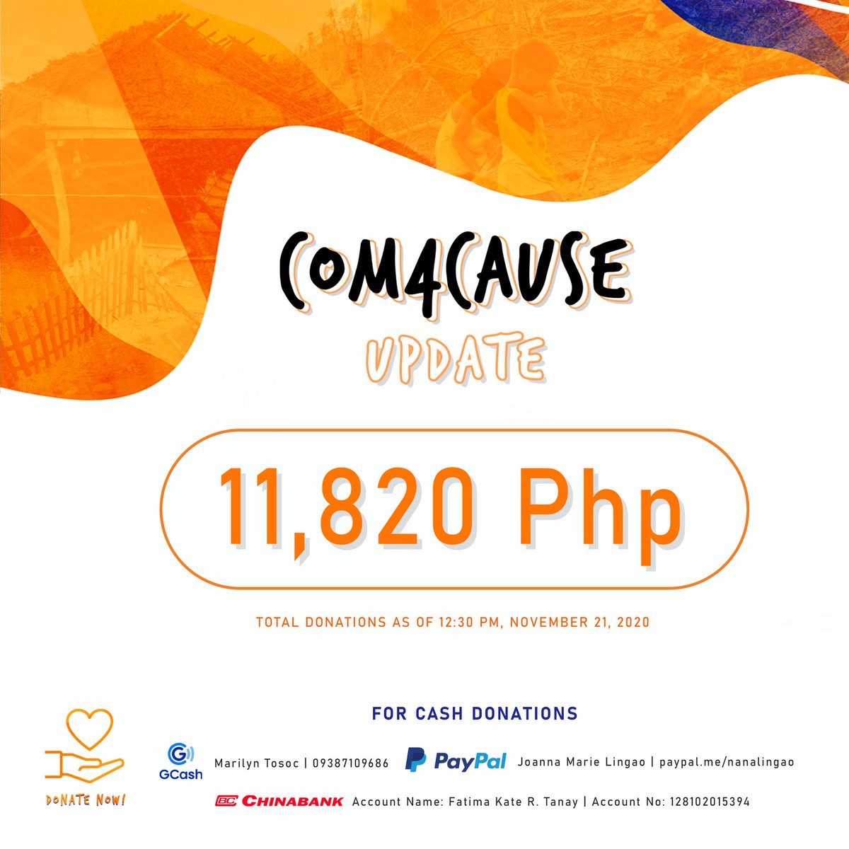 COM4CAUSE's tweet photo. ‼️COM4CAUSE Update

As of 12:30pm, our fundraising and donation drive has collected a total of 11,820 Php!

For the breakdown of cash donations and commissions, please check the attached photo below.

Want to hire our volunteers?
Check here: https://t.co/rmcbHqTWOp https://t.co/xlB3NCxIAA