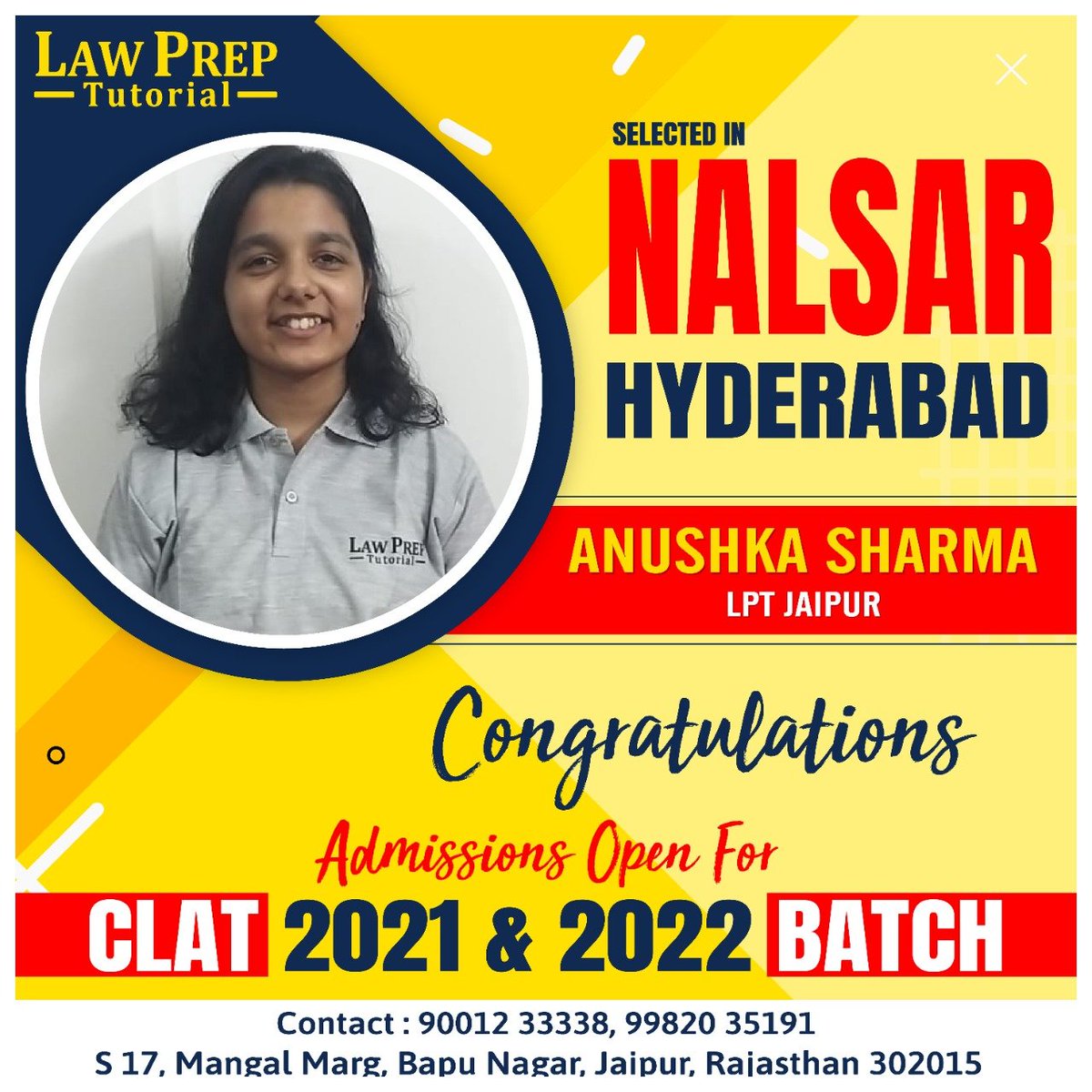 LegaledgeJpr's tweet photo. We congratulate Anushka Sharma on getting selected in the top Nlus. 

Join new batch for CLAT 2021 and CLAT 2022 starting from 21 Nov 2020. Admissions Open!

#LawPrepJaipur #LawPrep #CLAT2021 #TargetCLAT #TargetCLAT2021 #StudyNow #EnrollNow #CLATPreparation #AdmissionsOpen https://t.co/w0az5ONPMM