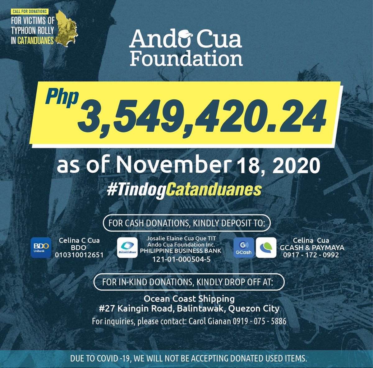 AndoFoundation's tweet photo. DIOS MABALOS! We have reached the 3 million mark and counting. This will be a big help to recover from the strong-typhoons that hit the island.

Still, a lot of Catandunganons need support to re-build their homes through the #BalikBahayProgram, which you can help by donating! https://t.co/H6tCvsaRSz