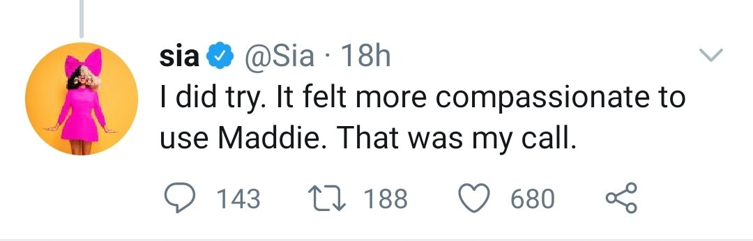 But in either case, she both repeats that SHE ALONE made the call to use Maddie (out of compassion), and NOT some mysterious "they" who said to after trying others.On that note, she also repeatedly stresses it was ONE non-verbal actress. Not "a few" like originally claimed.