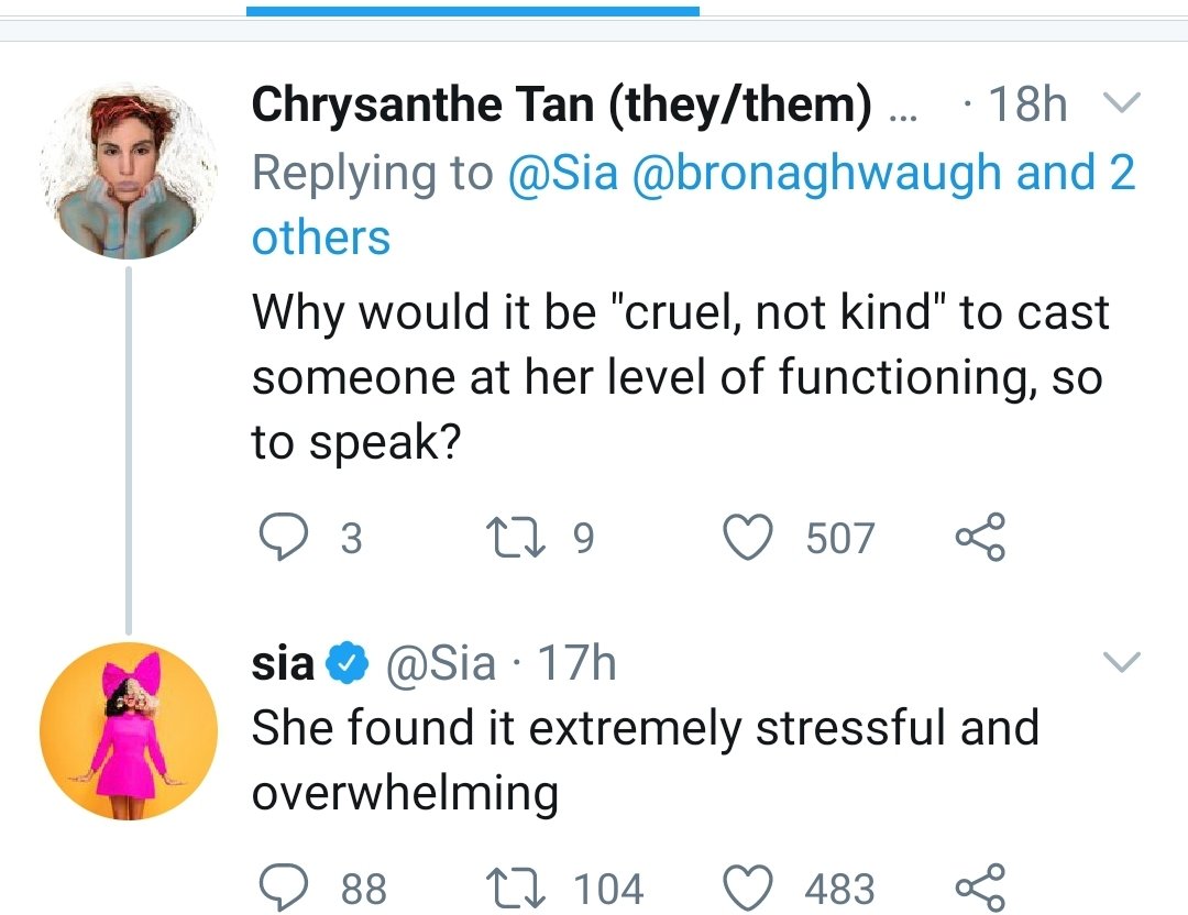 But in either case, she both repeats that SHE ALONE made the call to use Maddie (out of compassion), and NOT some mysterious "they" who said to after trying others.On that note, she also repeatedly stresses it was ONE non-verbal actress. Not "a few" like originally claimed.