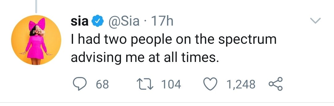 She also claims she had TWO autistic folks advising her at all times, but cast 13 other autistic actors. Why not let some of them advise you with their lived experience, too?Or even try out for the role of Music?Or tell you Autism  $peaks is bad?