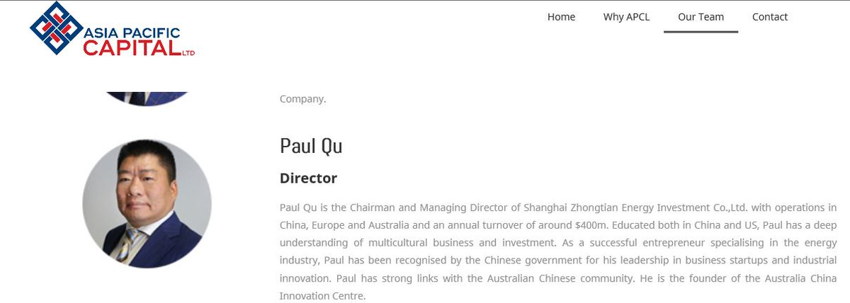Paul Qu 曲振元, director of Asia Pacific Capital, is also Chairman and Managing Director of Shanghai Zhongtian Energy Investment Co. Ltd, 上海中天能源投资有限公司, Founder and Chair Australia China Innovation Center Pty Ltd and ex Sinopec https://cn.linkedin.com/in/paul-qu-acic&nbsp;