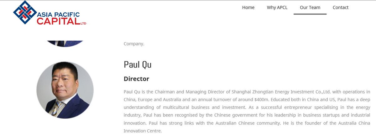 Paul Qu 曲振元, director of Asia Pacific Capital, is also Chairman and Managing Director of Shanghai Zhongtian Energy Investment Co. Ltd, 上海中天能源投资有限公司, Founder and Chair Australia China Innovation Center Pty Ltd and ex Sinopec https://cn.linkedin.com/in/paul-qu-acic 