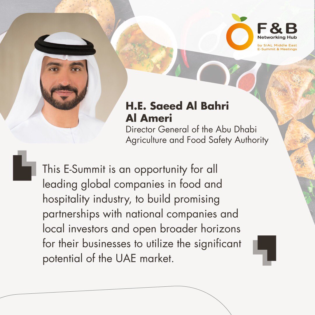 ADNECGroup's tweet photo. H.E. Saeed Al Bahri Salem Al Ameri, Director General of the Abu Dhabi Agriculture and Food Safety Authority, shares his expectations of the upcoming F&B Networking Hub by #SIALME which will take place on the 23rd of November. #OwnTheChange
@adafsa_gov
@SIALMiddleEast https://t.co/1xV3jZPK60
