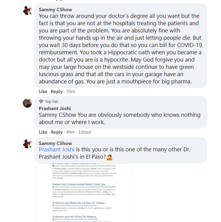 TheSammyCShow's tweet photo. You know you are shaking things up when a University Medical Center doctor spends all day arguing with you on social media. #AllLivesMatter #SaveElPaso #DontShutDown   https://t.co/81DaoGHczf https://t.co/XCCt7scw1p