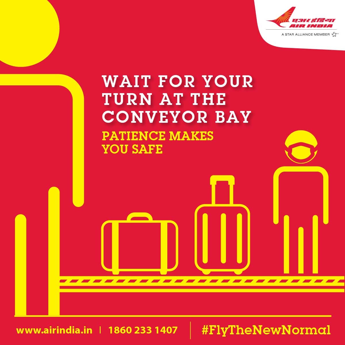 airindia's tweet photo. #FlyAI : At the conveyor bay, please abide by the distance markings and wait for your turn to pick up baggage. Always remember, better safe than sorry! Log on to book: https://t.co/T1SVjRD6o5
#FlyTheNewNormal https://t.co/e406yHw4c0
