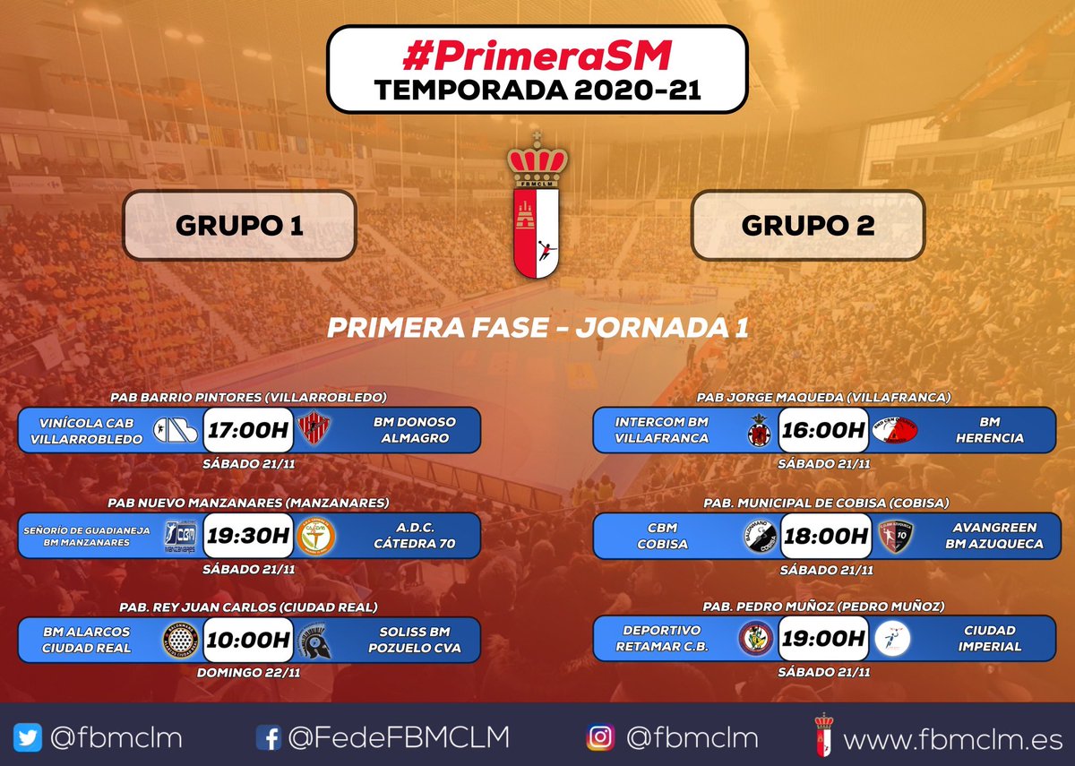 👉🏼 ¡Estos son los horarios de la Jornada 1 de #PrimeraSM 🤾🏼‍♂️!

🌟 <a href="/BmVillafranca/">CD Bm Villafranca</a> 🆚 <a href="/QuijoteHerencia/">SMD BM QUIJOTE HERENCIA</a> 

#⃣ #FBMCLM ❤️🤍