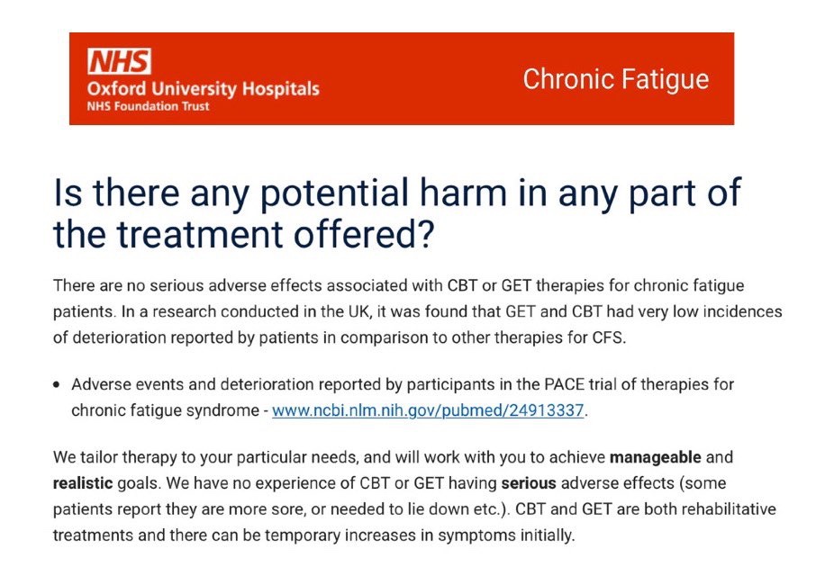 Despite knowledge of consistent reports of harm by patients surveys, and widespread criticisms of the  #PACE trial by researchers, NHS services maintained that there was no evidence of harm in relation to these therapies.