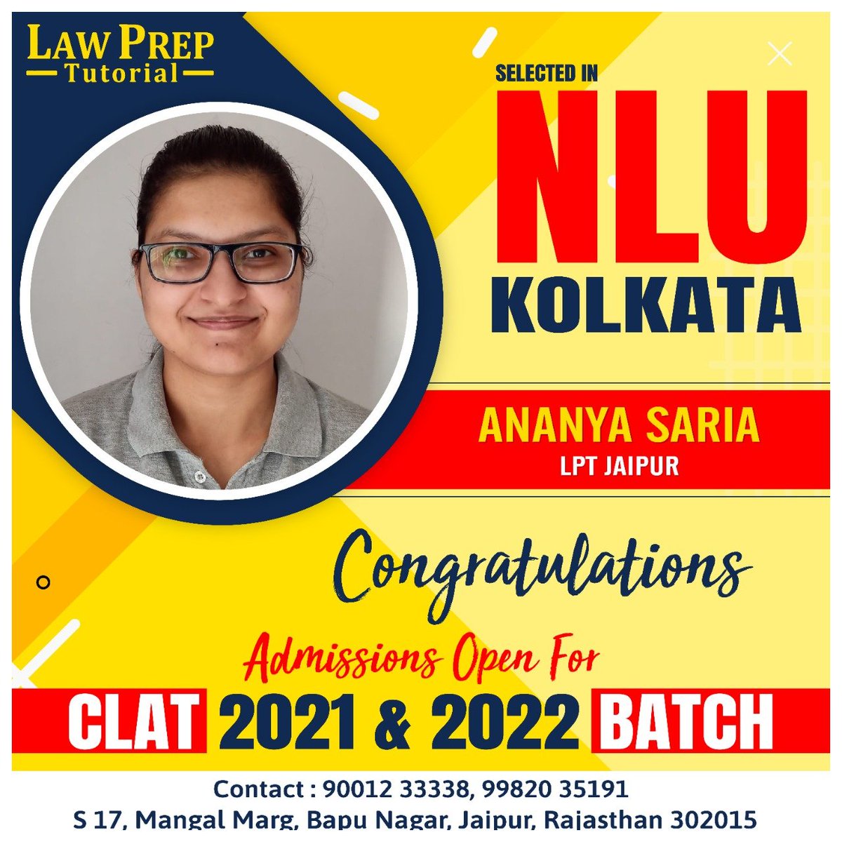 LegaledgeJpr's tweet photo. We congratulate Ananya Saria on getting selected in the top Nlus. 

Join new batch for CLAT 2021 and CLAT 2022 starting from 21 Nov 2020. Admissions Open!

#LawPrepJaipur #LawPrep #CLAT2021 #TargetCLAT #TargetCLAT2021 #StudyNow #EnrollNow #CLATPreparation #AdmissionsOpen https://t.co/hy8L3LxvKi