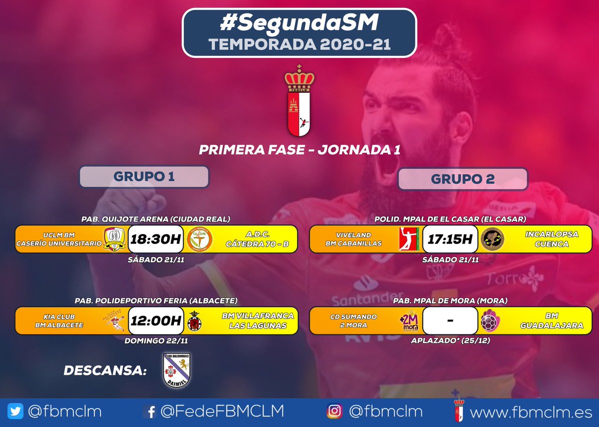 fbmclm's tweet photo. 👉🏼 ¡Estos son los horarios de la Jornada 1 de #SegundaSM 🤾🏼‍♂️!

🌟 @BmVillafranca 🆚 @QuijoteHerencia

⚠️ El @sumando2mora : @basebmguada queda aplazado.

🔋 Descansa el @BM_Daimiel.

#⃣ #FBMCLM ❤️🤍 https://t.co/JEVWeZk3GB