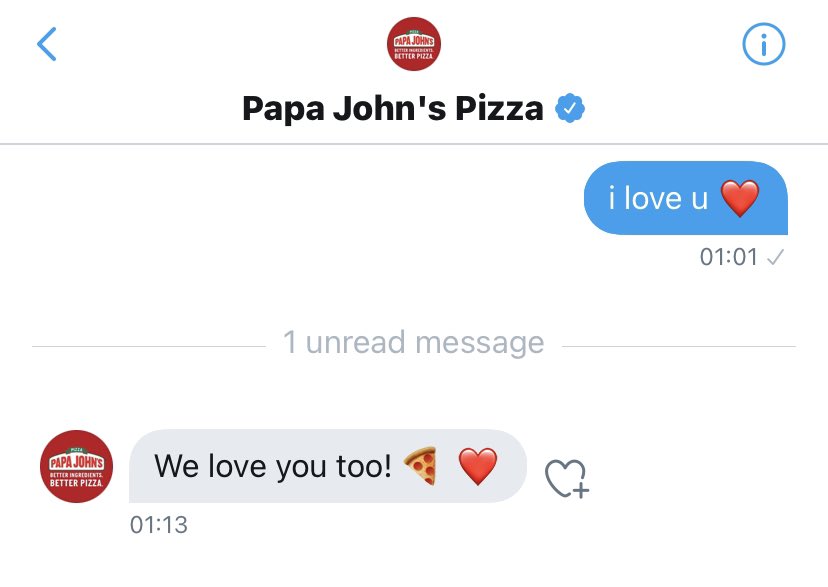 papa johns: 9/10 - amazing reply with good acknowledgment of my original message, no trying to use me as a promo gc and good use of emojis. not 10/10 as no free pizza was given