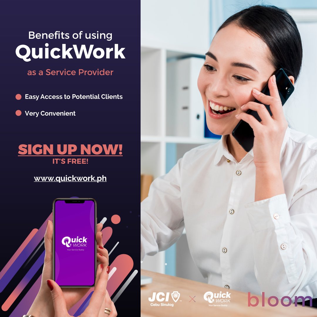 QuickWorkph's tweet image. Why is QUICKWORK good for your business? It can reach potential clients which you didn&apos;t know existed!
Make bookings convenient for your customers and have them easily compare prices and services!

bit.ly/30q3rWE

*This campaign is in partnership with JCI Cebu Sinulog