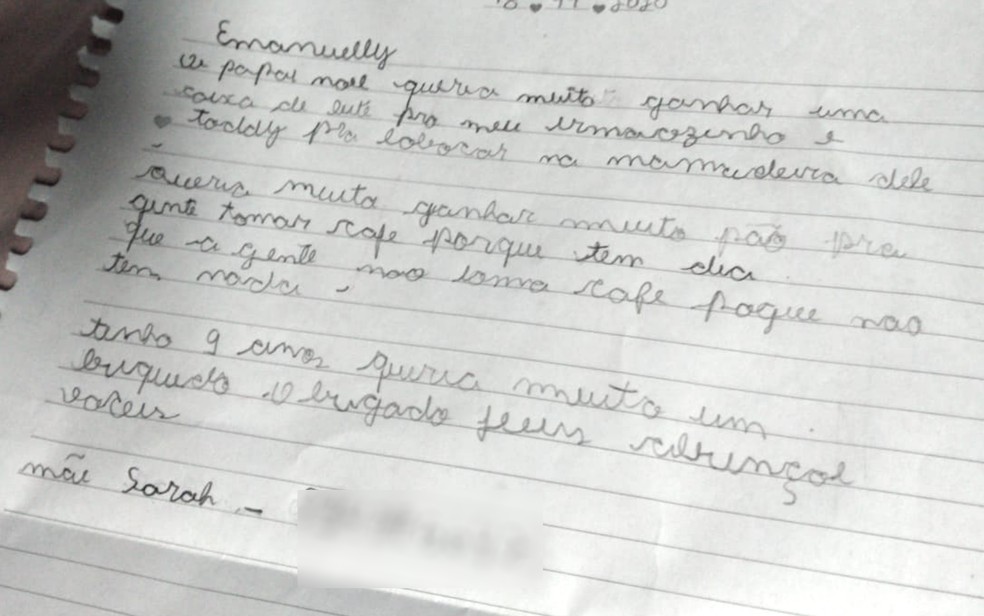 Menina de 8 anos escreve carta para o Papai Noel pedindo leite para irmão mais novo e pão: 'Tem dia que não tem nada' glo.bo/2IPAGxk #G1