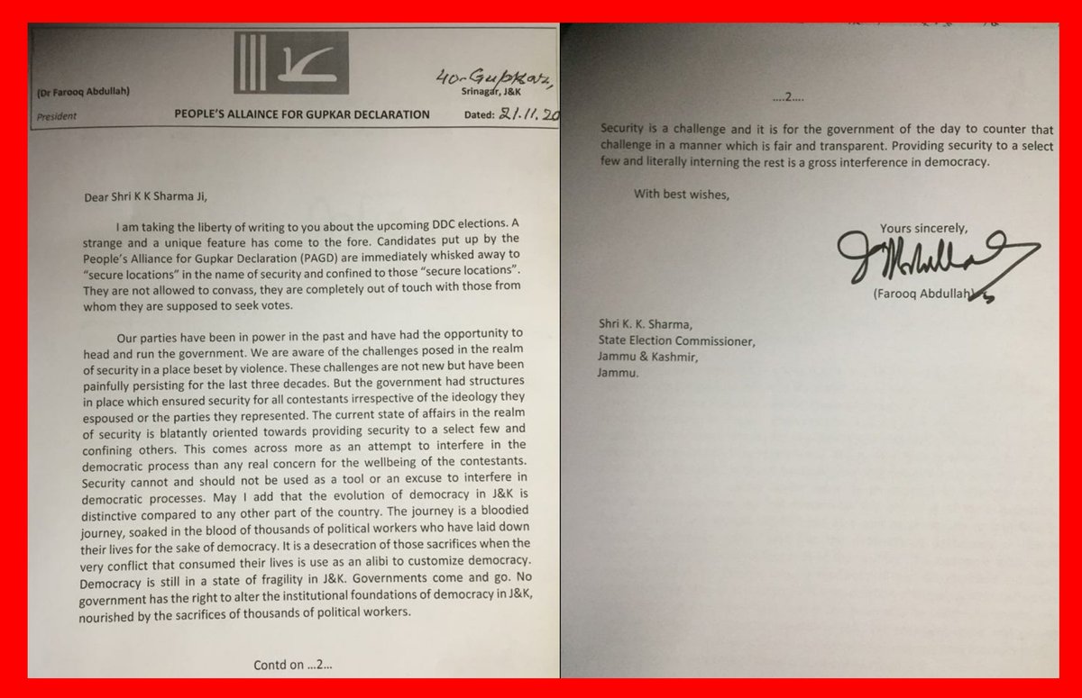 DailyExcelsior1's tweet image. Peoples Alliance of #Gupkar Declaration (PAGD) writes to Election Commissioner KK Sharma, alleging that #PAGD candidates in DDC polls are being confined in name of security. "Security should not be used as an excuse to interfere in democratic process," it says.