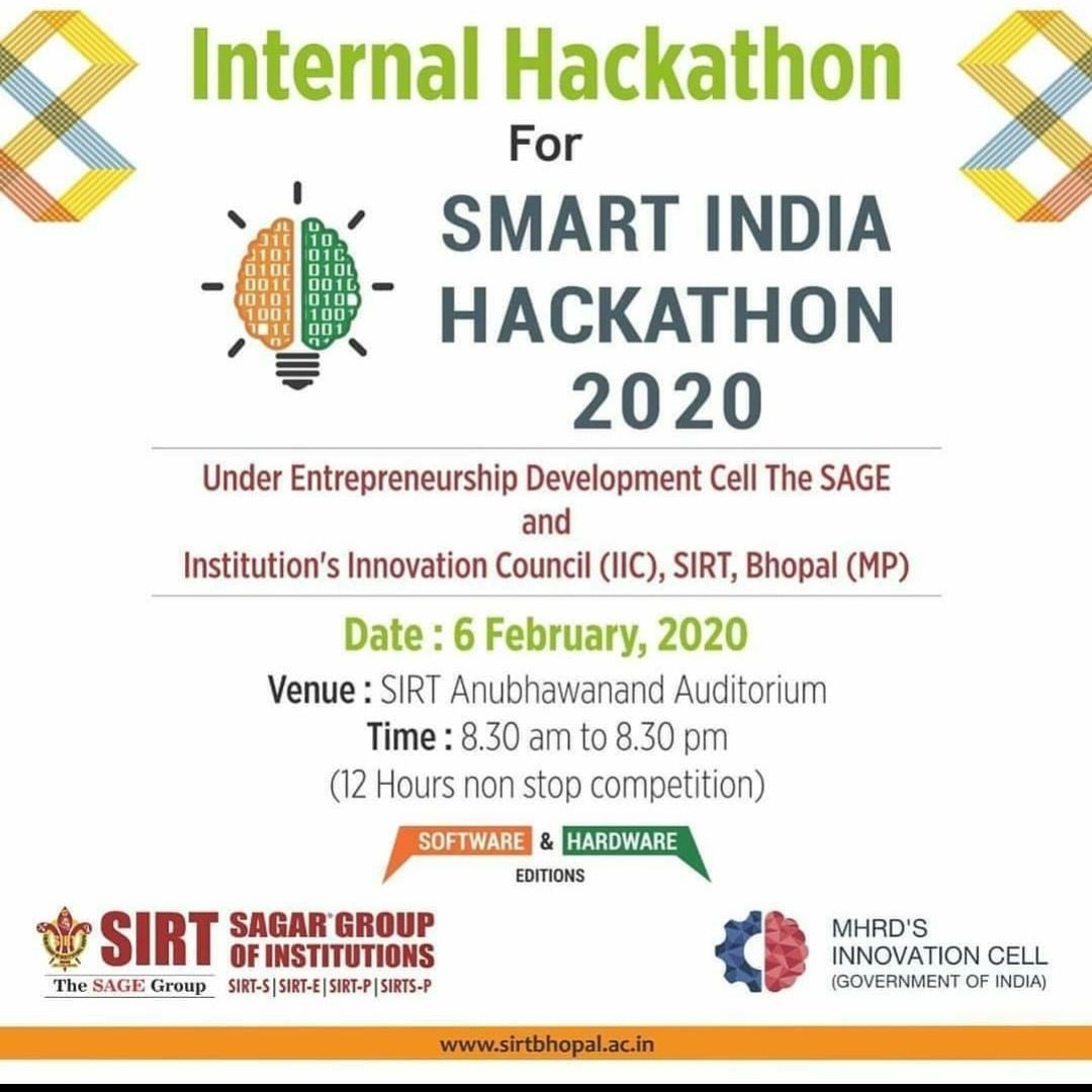 DevelopmentEdc's tweet photo. Edc-sirt the sage "sanjeev Agrawal group of enterprises " Is committed to impart in quality education and to encourage industrial and Technological development. EDc cell of this group is going to organize internal hackathon for smart india hachath on 2020 on 6th feb 2020. https://t.co/Gmi4yE7cMo