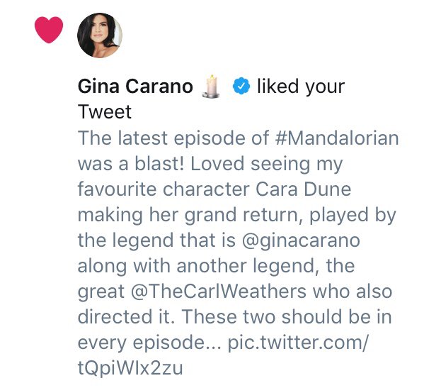 Emo_Spiderman_'s tweet photo. I just saw Cara Dune herself liked the post! @ginacarano I hope you see this as well, my buddy @MetalGearMando got caught in a block chain after he defended you against some trolls recently. It would make his day if you could unblock him. Thanks again, you legend. #FreeMando https://t.co/QfwSEDb8Sb
