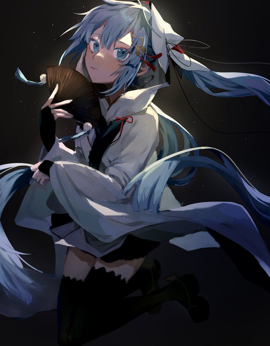 hatsune miku ,yuki miku 1girl solo thighhighs hand fan long hair holding twintails  illustration images