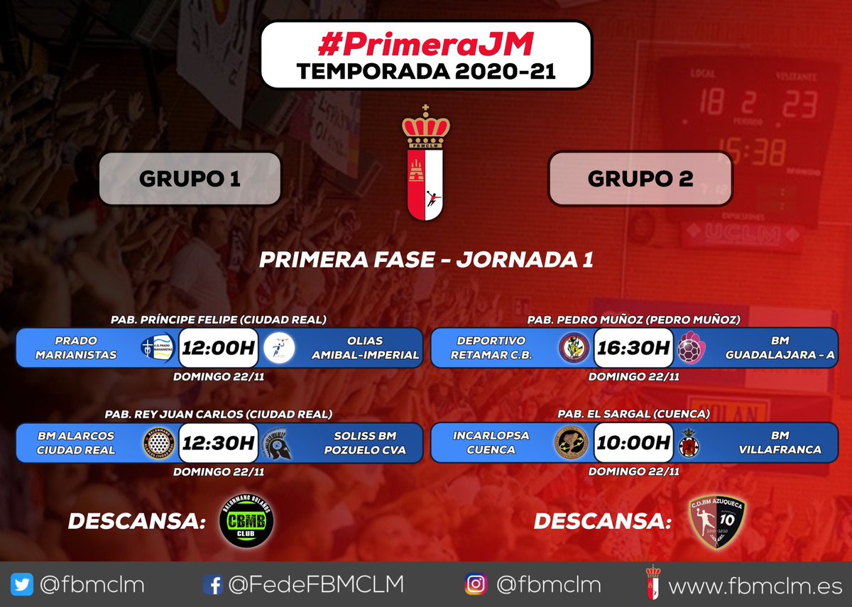 fbmclm's tweet photo. 👉🏼 ¡Estos son los horarios de la Jornada 1 de #PrimeraJM 🤾🏼♂️!
🌟 @AdPMarianistas 🆚 @BMCiud_Imperial y @BMCdadEncantada 🆚 @BmVillafranca
🔋 Descansan @CBMB_Official y @CDBMAzuqueca.
#⃣ #FBMCLM ❤️🤍 https://t.co/UJlmGY7XJj