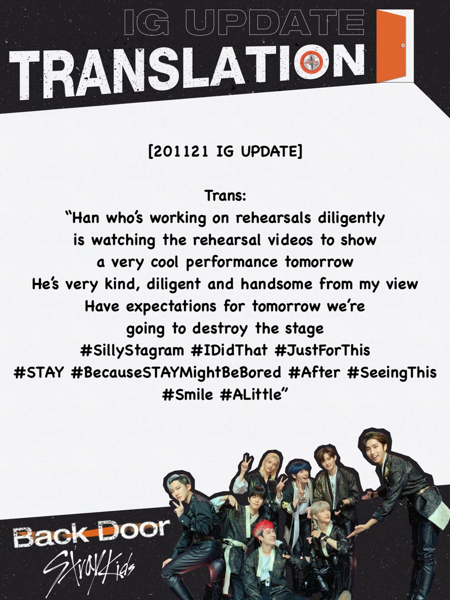 StrayKidsGlobal's tweet photo. [201121 IG UPDATE]

Full translation in picture below. 

🔗: https://t.co/otItBiq1DC

@Stray_Kids #StrayKids #스트레이키즈 #SillyStagram #IDidThat #JustForThis
#STAY #BecauseSTAYMightBeBored #After #SeeingThis 
#Smile #ALittle https://t.co/rh36upLjJR